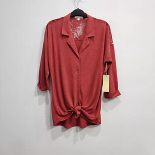 外贸原单蕾丝翻领中袖T恤女春夏时尚宽松打结纽扣开衫上衣七分袖