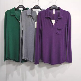 外贸原单薄款条纹V字翻领长袖T恤女春夏百搭宽松休闲横条纹上衣