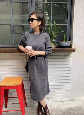 LADY H 魔女赫本推荐灰色都市OL风小垫肩100%羊毛连衣裙