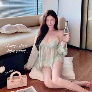 纯欲 香香 秘密 娇娇冰薄荷 春夏冰丝四件套家居服带胸垫睡衣短裤