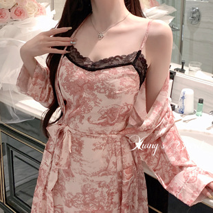 水墨轻奢缎面吊带睡裙套装 巴黎香榭 气质睡袍家居服秋 秘密 香香