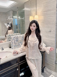 新中式 金枝玉叶 缎面轻奢气质印花睡衣家居服外穿套春 秘密 香香