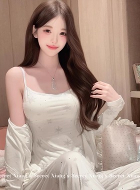 SKIM纯棉烫钻雪花圣诞睡衣秋冬2025新款女纯欲带胸垫家居服三件套