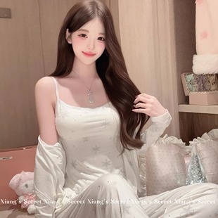 SKIM纯棉烫钻雪花圣诞睡衣秋冬2025新款女纯欲带胸垫家居服三件套