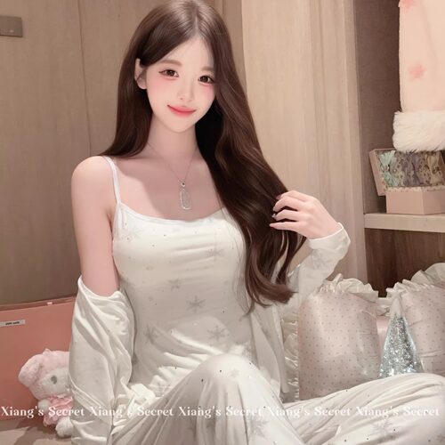 SKIM莫代尔带胸垫雪花睡衣三件套