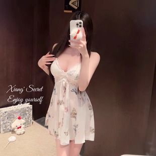 蝴蝶冰丝吊带睡裙蕾丝纯欲性感睡衣2025新款 春日蝶梦 秘密 香香