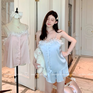 纯欲家居服春夏 香香 秘密 淡颜白开水 冰丝立体花朵睡衣吊带短裤