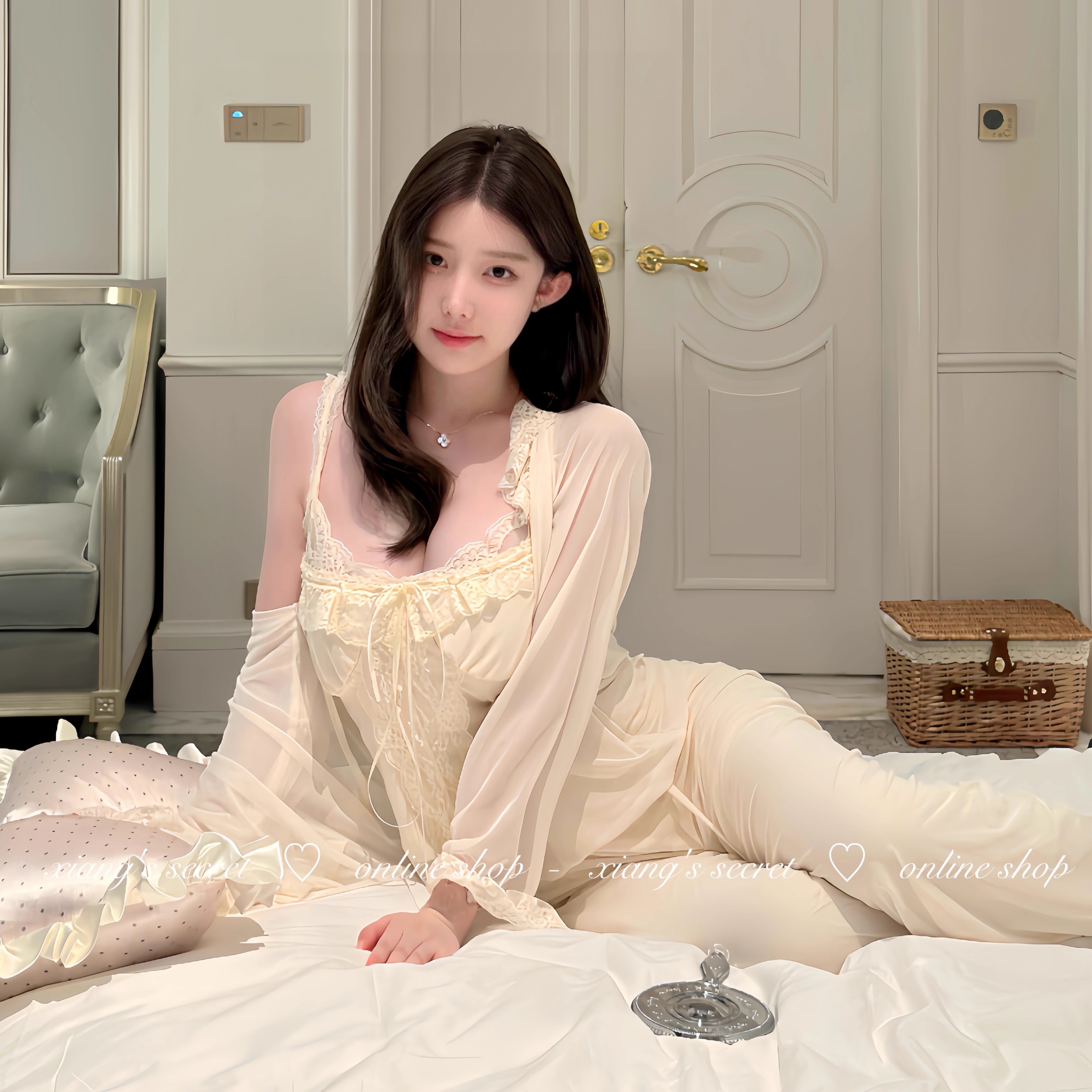 女蕾丝法式家居服三件套带胸垫