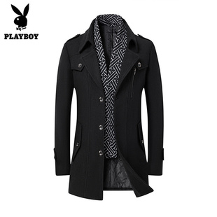 花花公子秋冬季 羊毛呢大衣男围巾领潮流百搭休闲加厚风衣外套 男士