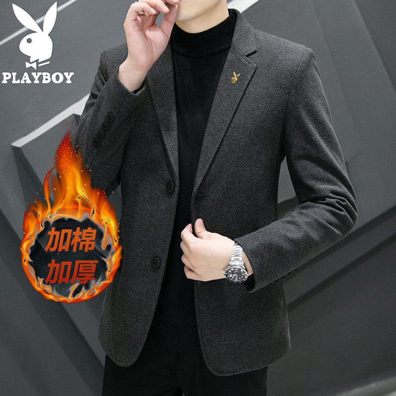花花公子冬季加棉加厚毛呢西服外套男韩版修身商务休闲西装上衣潮