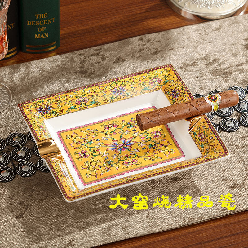 帝王黄复古骨瓷雪茄烟灰缸办公客厅奢华创意摆件礼品包邮