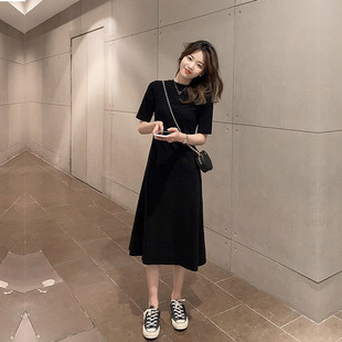 黑色连衣裙高级感气质a字长裙女夏季2025新款收腰显瘦短袖休闲裙