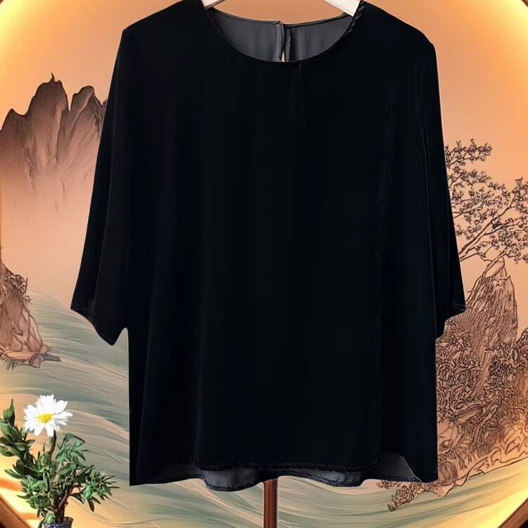 100%桑蚕丝 真丝丝绒上衣女春夏经典宽松休闲圆领衬衫简单大方t恤