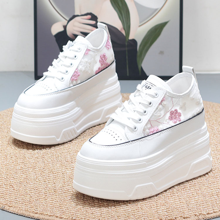 厚底松糕轻便刺绣网面透气小白鞋