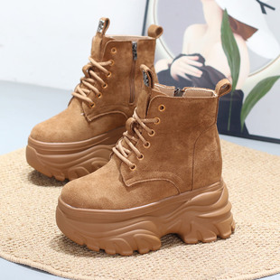 隐形内增高12CM小个子厚底坡跟马丁靴绒面侧拉链显瘦大黄靴女短靴