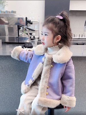 女童加绒外套秋冬装2025新款儿童皮毛一体上衣宝宝洋气加厚羊羔绒