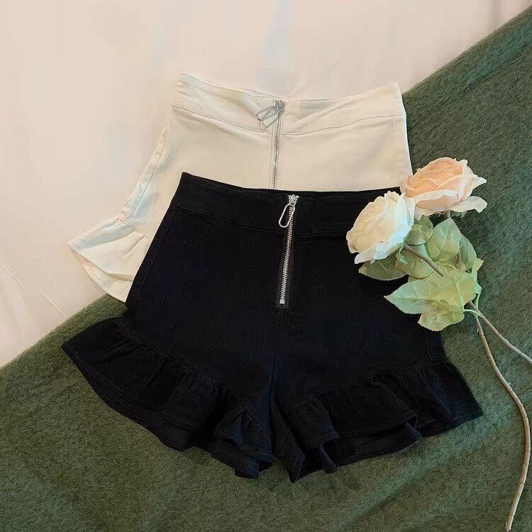 2025年新款夏季高腰显瘦a字黑色短裤女荷叶边包臀小个子拉链短裤