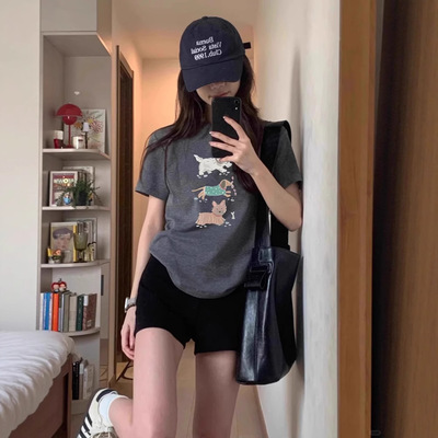 网红款卡通狗印花纯棉短袖T恤女2025年夏季新款正肩圆领辣妹上衣