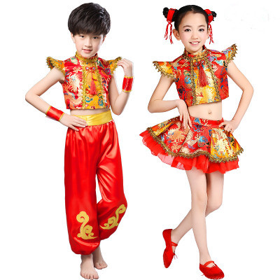 龙锦新款中国风儿童演出表演服女童纱裙旗袍古典舞台服龙袍蓬蓬裙