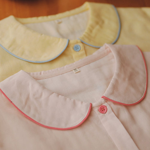 MUEJ无印弍日系甜美睡衣女春秋季圆领纯棉双层纱布家居服套装全棉
