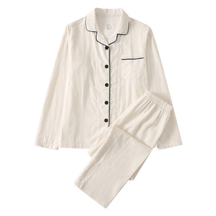 家居服纯棉套装 MUEJ原单睡衣男女夏季 纯色情侣全棉双层纱布短袖