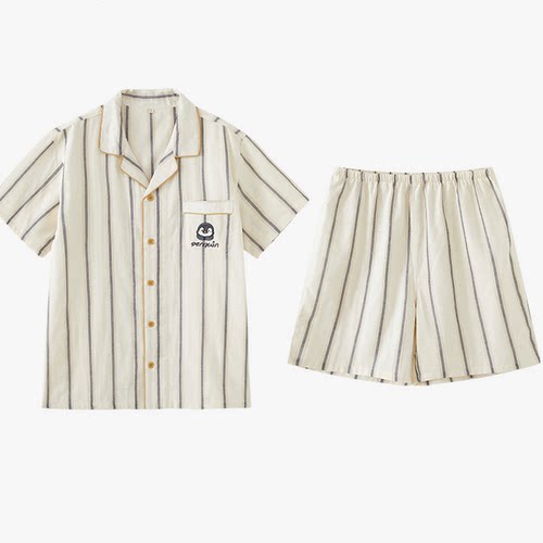 MUEJ无印弍睡衣男女士纯棉双层纱布短袖短裤情侣条纹家居服套装夏