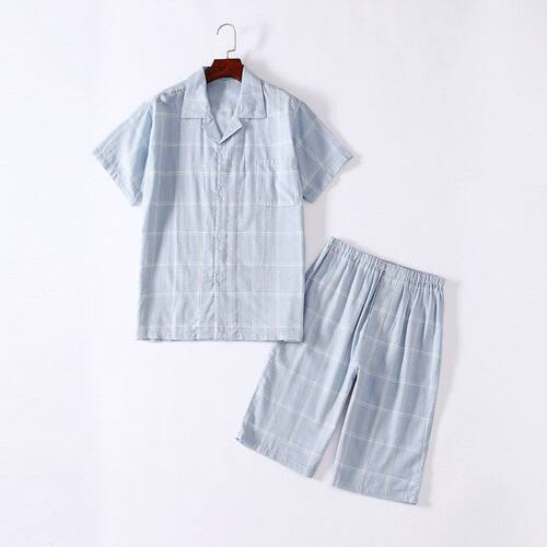 MUEJ无印弍夏季棉睡衣女士短袖纯棉双层纱布格子情侣套装家居服男