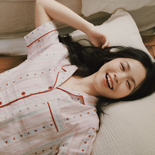 MUEJ无印弍日睡衣女士条纹夏季短袖纯棉双层纱布家居服套装薄款