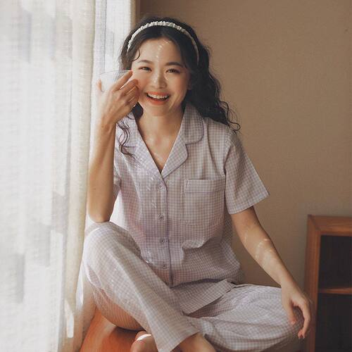 MUEJ无印弍睡衣女士夏季纯棉纱布短袖长裤情侣套装格子家居服男薄