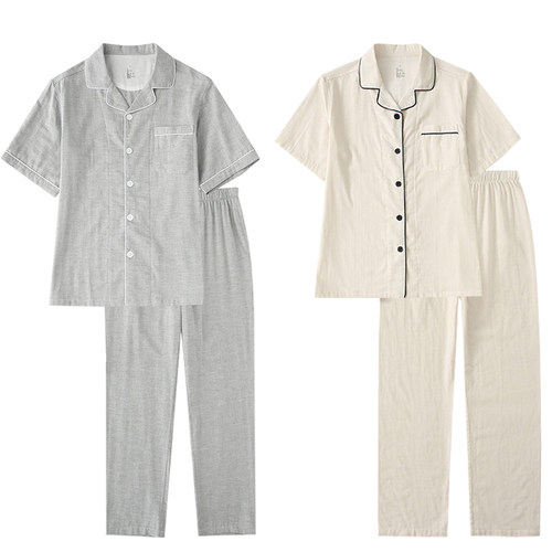 MUEJ无印弍夏季短袖睡衣男女情侣薄全棉家居服纯棉双层纱套装长裤