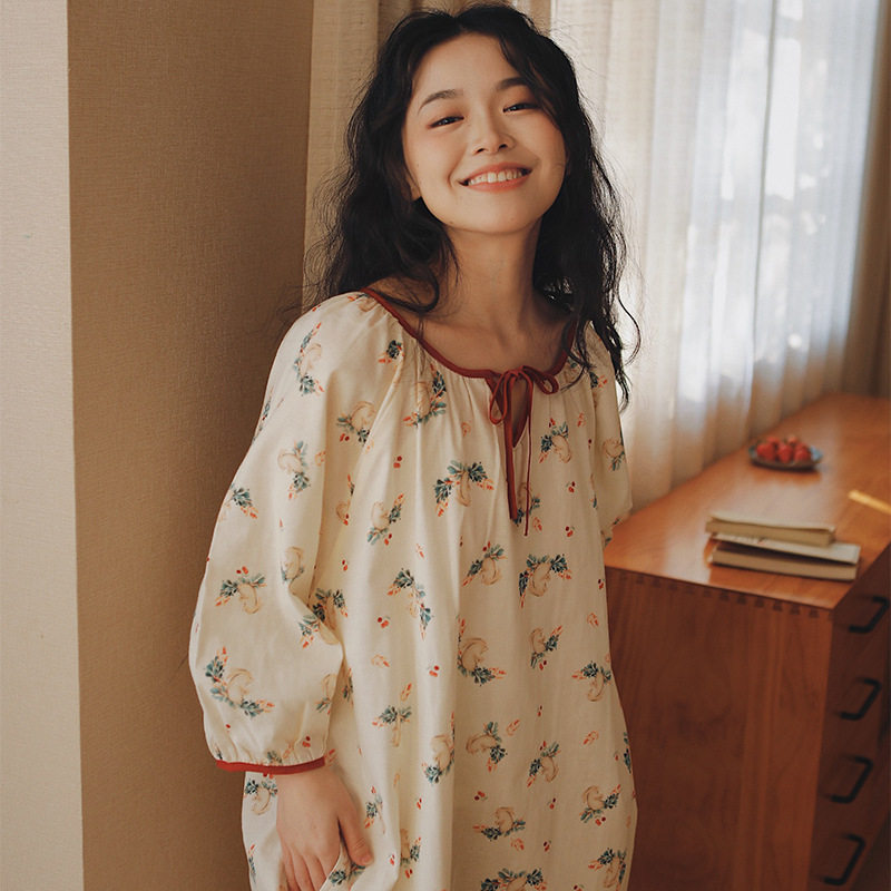 春夏睡裙女纯棉双层纱布睡衣七分袖宽松大码全棉孕妇长裙