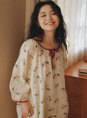 春夏睡裙女纯棉双层纱布睡衣七分袖宽松大码全棉孕妇长裙