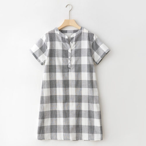 MUEJ无印弍睡衣女夏短袖睡裙纯棉双层纱格子大码宽松家居服可外穿