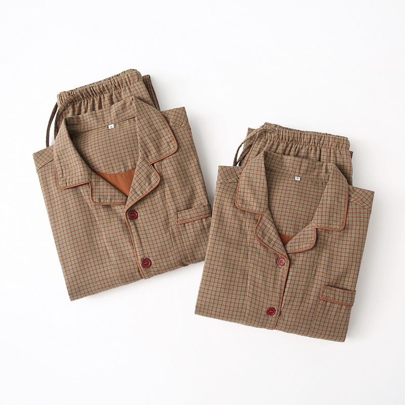 MUEJ原单睡衣男女纯棉双层纱布春夏格子情侣全棉长袖情侣家居服薄