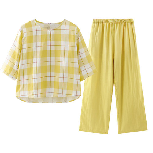 MUEJ睡衣女纯棉纱布七分袖格子圆领夏季情侣家居服套装男薄