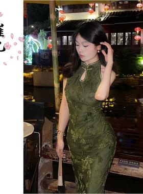 EACH崔九【繁枝】新中式改良旗袍女提花绿色复古挂脖连衣裙长裙