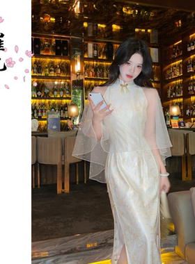 EACH崔九【月光恋人】春夏款清冷优雅新中式改良挂脖旗袍连衣裙