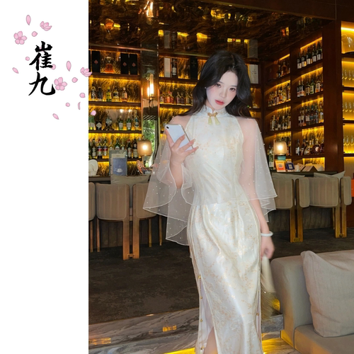 EACH崔九【月光恋人】春夏款清冷优雅新中式改良挂脖旗袍连衣裙