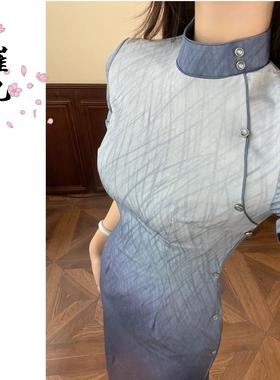 EACH崔九【寄信予风】新中式改良旗袍女夏渐变蓝色格子气质连衣裙