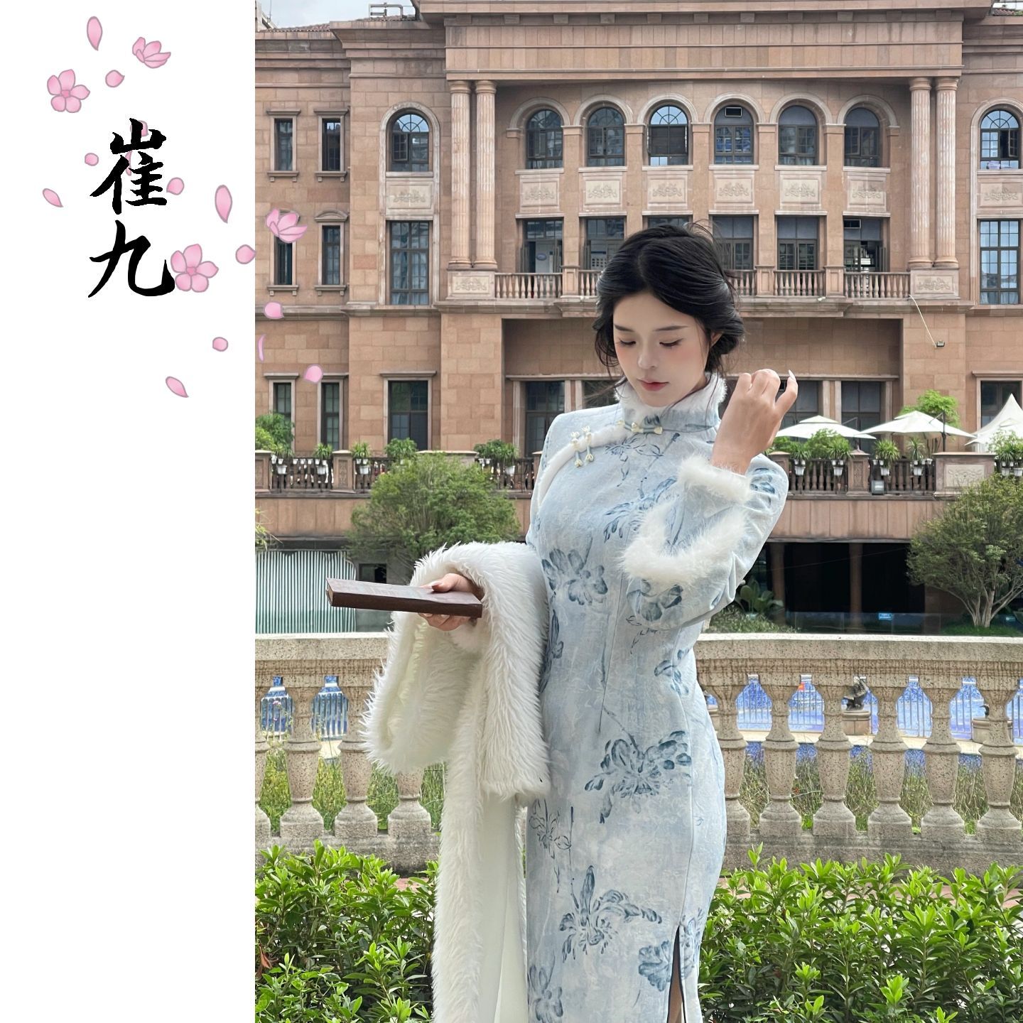 EACH崔九【冷香玉】新中式国风改良旗袍秋冬款蓝色加绒连衣裙长裙