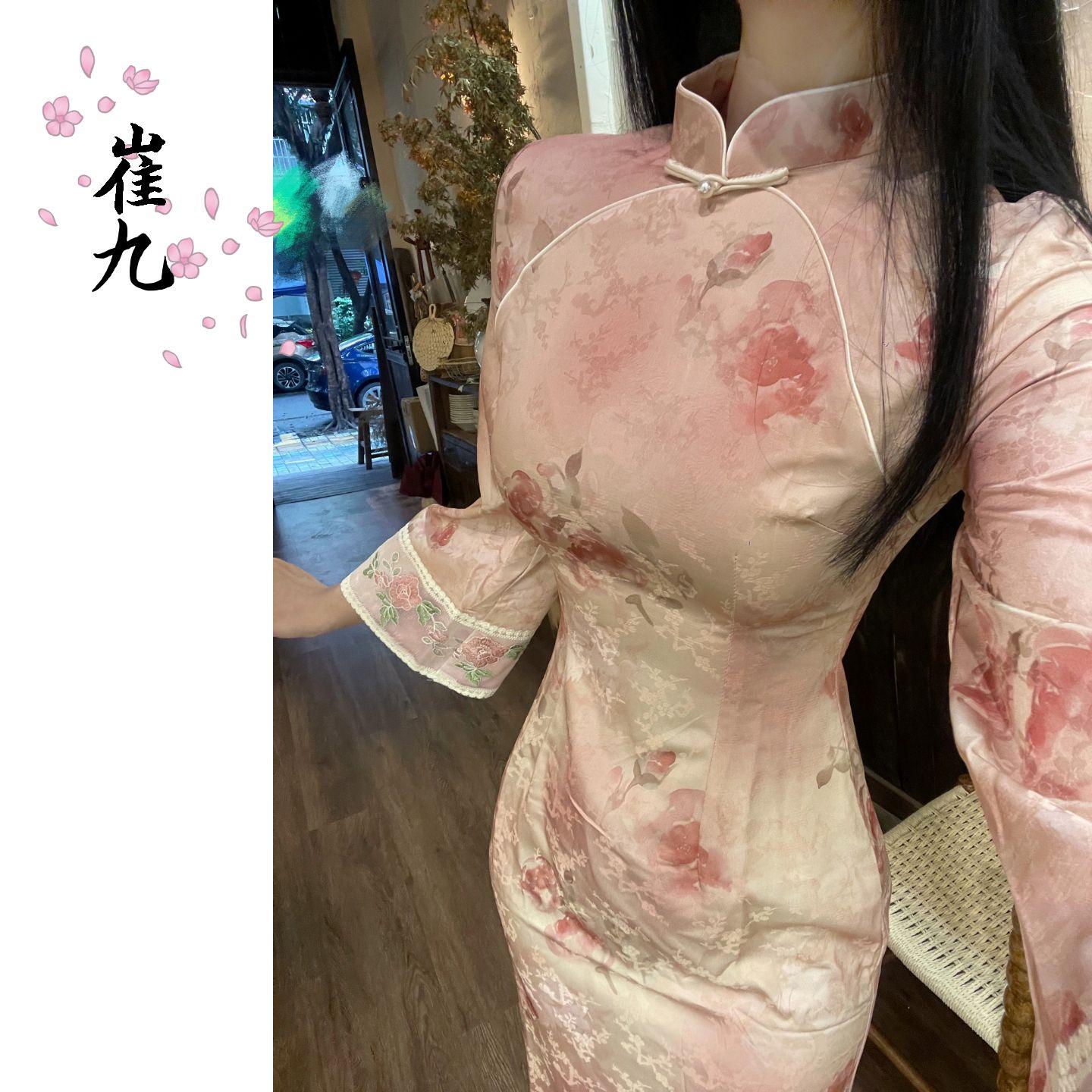 EACH崔九【念娇】秋款新中式改良旗袍薄倒大袖粉色清冷连衣裙长裙