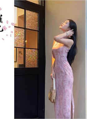 EACH崔九【公主假日】新中式改良旗袍优雅粉色少女挂脖连衣裙长裙