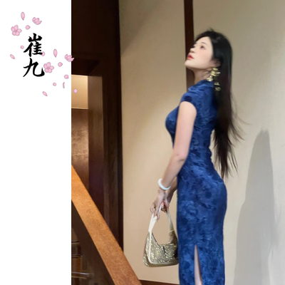 EACH崔九【蓝闪蝶】新中式改良旗袍连衣裙国风气质夏季蓝色长裙