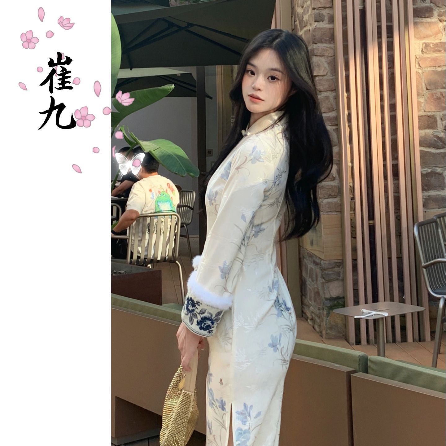 EACH崔九【蓝瓷蝶语】秋冬加绒加厚新中式旗袍白色优雅国风连衣裙