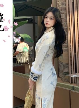 EACH崔九【蓝瓷蝶语】秋冬加绒加厚新中式旗袍白色优雅国风连衣裙