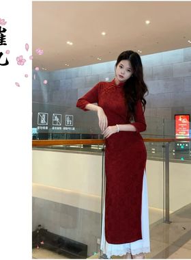 EACH崔九【红豆饮】春秋款长袖连衣裙红色订婚结婚新中式改良旗袍