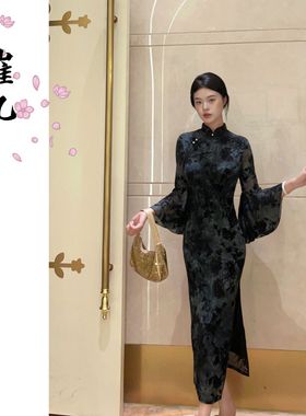 EACH崔九【夜色回响】秋冬新中式国风改良旗袍墨绿色倒大袖连衣裙