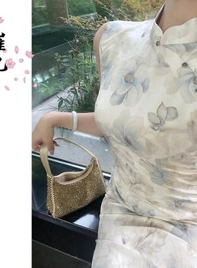 EACH崔九【我的山茶】夏款新中式改良旗袍气质无袖长裙白色连衣裙