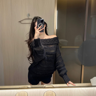 M900毛衣女2025新款 穿搭黑色慵懒高级感针织一字肩宽松小个子 冬季