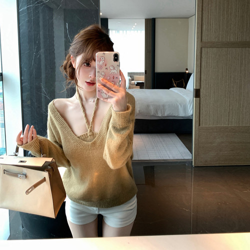 M900慵懒风u领套头毛衣女秋冬穿搭 套装针织挂脖背心叠穿两件套